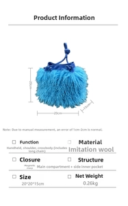 Detailed size specifications for blue faux sheepskin bucket bag with drawstring and magnetic snap