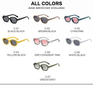 Matrix of oval candy-colored high-definition sunglasses in seven various frame colors