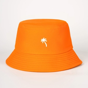 Orange cotton fisherman hat with white palm tree embroidery and stitched brim