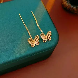 Butterfly Threader Earrings Copper Gold Plated Hollow Long Chain Tassel Vintage Fashion Jewelry With Steel Earring Post