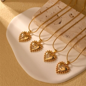 Gold Plated Heart Initial Pendant Necklace Stainless Steel Snake Chain Rhinestone Letter Jewelry Gift For Women Girls