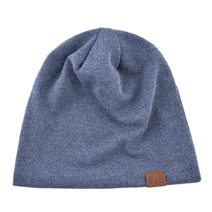 Grey-blue knitted beanie hat with F&S leather label for casual outdoor wear