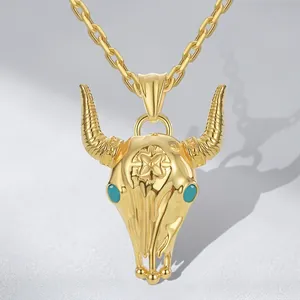 Bull Head Skull Pendant Necklace 18K Gold Plated Copper Turquoise Eye Western Bohemian Retro Tribal Jewelry For Women