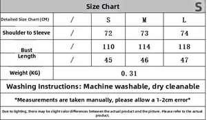 Detailed size chart for crew neck knit cardigan showing S, M, L measurements in centimeters