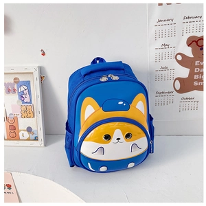 Blue kids backpack featuring a 3D yellow corgi dog design with mesh side pockets