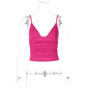 Detail of fuchsia V-neck camisole with stylish horizontal ruching and slim fit design