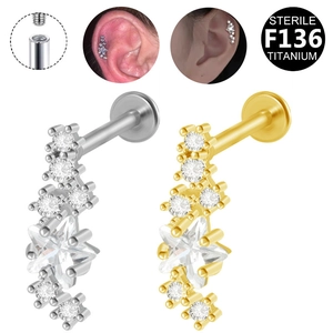 F136 titanium internally threaded labret studs with zircon star and round gems