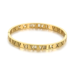 Polished gold stainless steel hollow Roman numeral bangle with a reflective mirrored finish