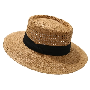 Chapeau de paille canotier à bord plat avec ruban noir pour protection solaire d'été