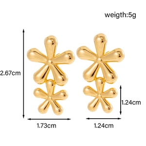 Golden double-layer flower dangle earrings in minimalist geometric stainless steel design