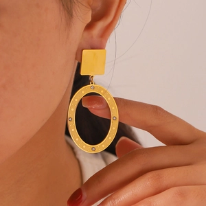 18k gold plated stainless steel hollow oval hoop earrings with zirconia accents for women