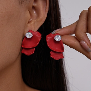 Irregular Petal Stud Earrings With Zircon Inlaid Matte Painted Alloy And 925 Sterling Silver Earring Post For Women