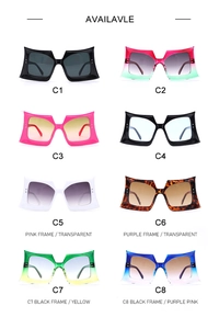 Matrix display of fashion square oversized sunglasses in eight assorted vibrant colors