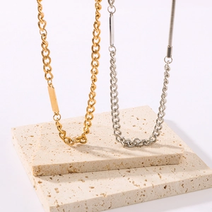 18K gold and silver stainless steel Cuban chain necklaces with rectangular pendants