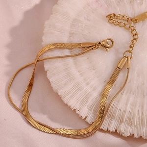 Double-layered 18K gold plated stainless steel snake and bead chain bracelet for women
