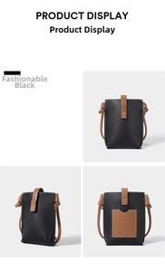 Three-angle view of vertical black leather mobile phone bag with brown strap details