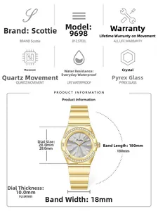 Detailed specs of pink gold quartz watch showing 28mm dial and water resistance info