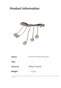 Detail view of crystal tassel hair clip with size specs and spring clip mechanism