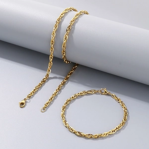 Golden hip hop rope chain necklace and bracelet set in polished stainless steel