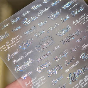 Autocollants Art Des Ongles Holographiques 3D Laser Argent Alphabet Anglais Cursif Décalcomanies Pour Décoration Manucure DIY