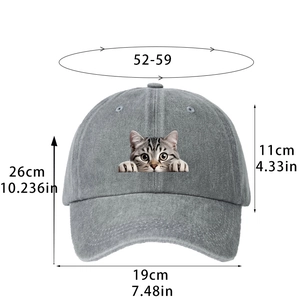 Gray washed cotton baseball cap with funny cat print and detailed size measurements