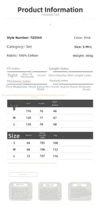 Size chart for pink striped cotton shirt and pants set showing detailed measurements