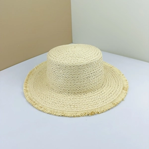 Flat top straw sun hat with frayed edges for summer beach vacations in beige finish