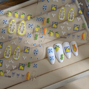 Bohemian lemon fruit and blue flower embossed nail stickers set for DIY nail art designs