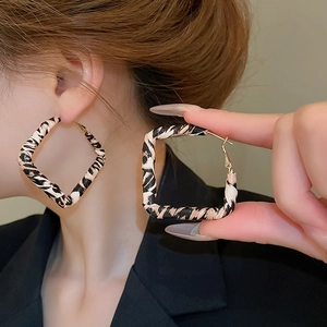 Gros plan de boucles d'oreilles géométriques imprimé léopard avec tiges en argent sur modèle