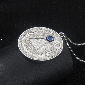 Polished silver stainless steel All-Seeing Eye pendant necklace with sparkling rhinestones