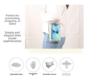 Detail of mint green crossbody phone bag with transparent touchscreen window and strap