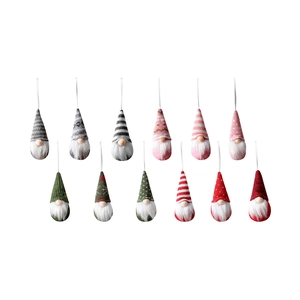 Set of 12 knitted Christmas gnome ornaments with colorful stripes and heart patterns