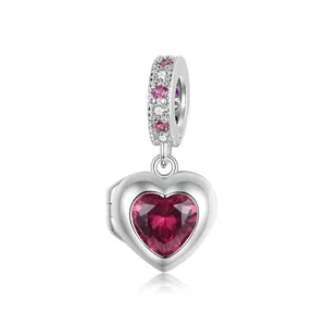 925 Sterling Silver Forever Love Heart Locket Charm Pink Zirconia Inlaid Openable Pendant For DIY Bracelet Women Jewelry
