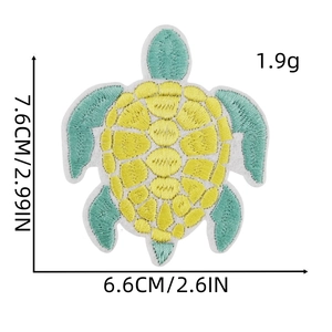 Colorful turtle embroidered iron-on patch for clothing with detailed size measurement