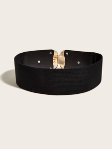 Women's wide black elastic waist belt with a stylish gold metal buckle for dresses