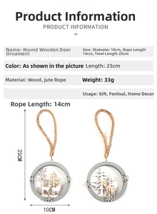 Detail view of round wooden elk pendants showing dimensions and natural hemp rope materials
