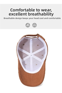 Detail view of corduroy baseball cap interior with breathable mesh and cotton lining