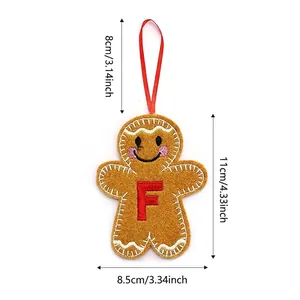 Felt gingerbread man ornament with letter F embroidery for Christmas tree decor