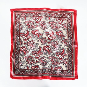 Red paisley satin square scarf 60cm with vintage patterns and glossy silk texture