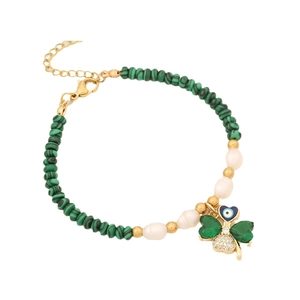 Natural stone and baroque pearl bracelet with gold clover evil eye zircon pendant