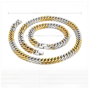 Macro detail of 10mm two-tone gold and silver stainless steel Cuban link jewelry set