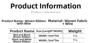 Detailed specifications chart for 5cm wire plaid ribbon showing materials and dimensions