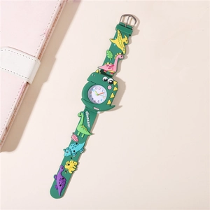 Detailed view of the flexible green silicone strap with 3D cartoon dinosaur patterns