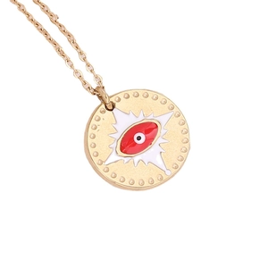 Gold stainless steel necklace with a circular red eye pendant and white starburst details