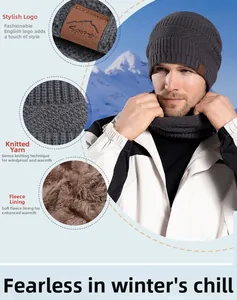 Detail of warm winter knit hat set showing soft thermal fleece lining and sport logo label