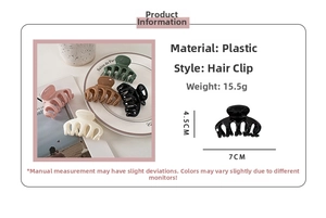 Detailed view of matte plastic hair claw clips in five colors with size specifications