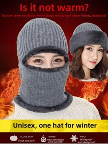 Gray knitted balaclava with dual-layer thick fleece lining for windproof winter protection