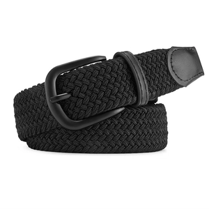Black elastic woven stretch belt with a black metal buckle and faux leather end on white