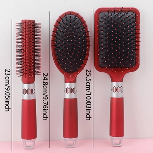 3-piece red bamboo hairbrush set with paddle, oval and round styling brushes