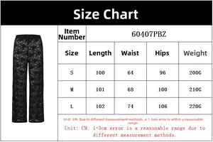 Detailed size chart for women's lace trousers showing length, waist, and hip measurements